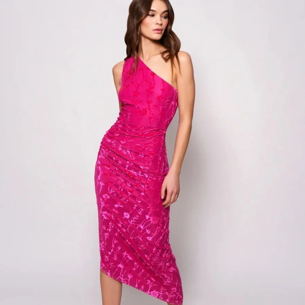 NWT Hutch One Shoulder Ruched Pink Velvet Dress Medium - Picture 2 of 12